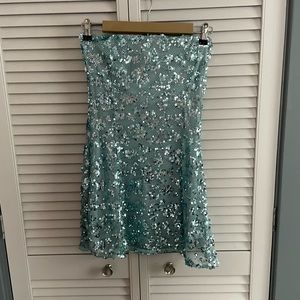 strapless blue sequin mini dress
